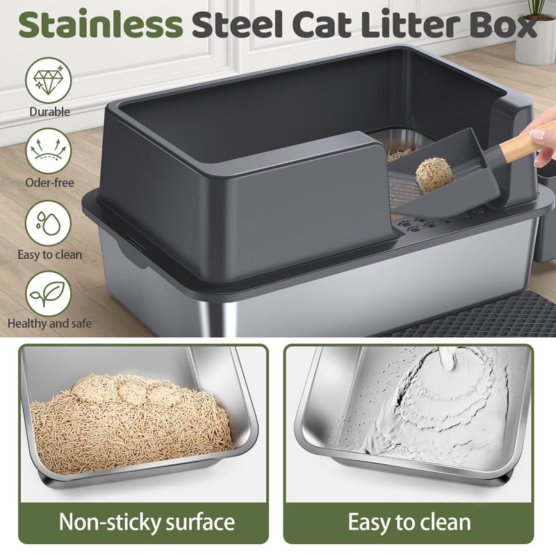 Gimars XL Stainless Steel Cat Litter Box 60 x 40 x 31cm, 36L High Sided Metal Litter Tray with Scoop and Mat