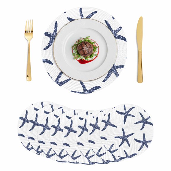 Navy Blue Starfish Coastal Round 13 Inch Placemats Set of 8, Nautical Summer Beach Ocean HeatResistant Non Slip Place Mats for Dining Table, Wipeable Braided Kitchen Table Mats for Housewarming