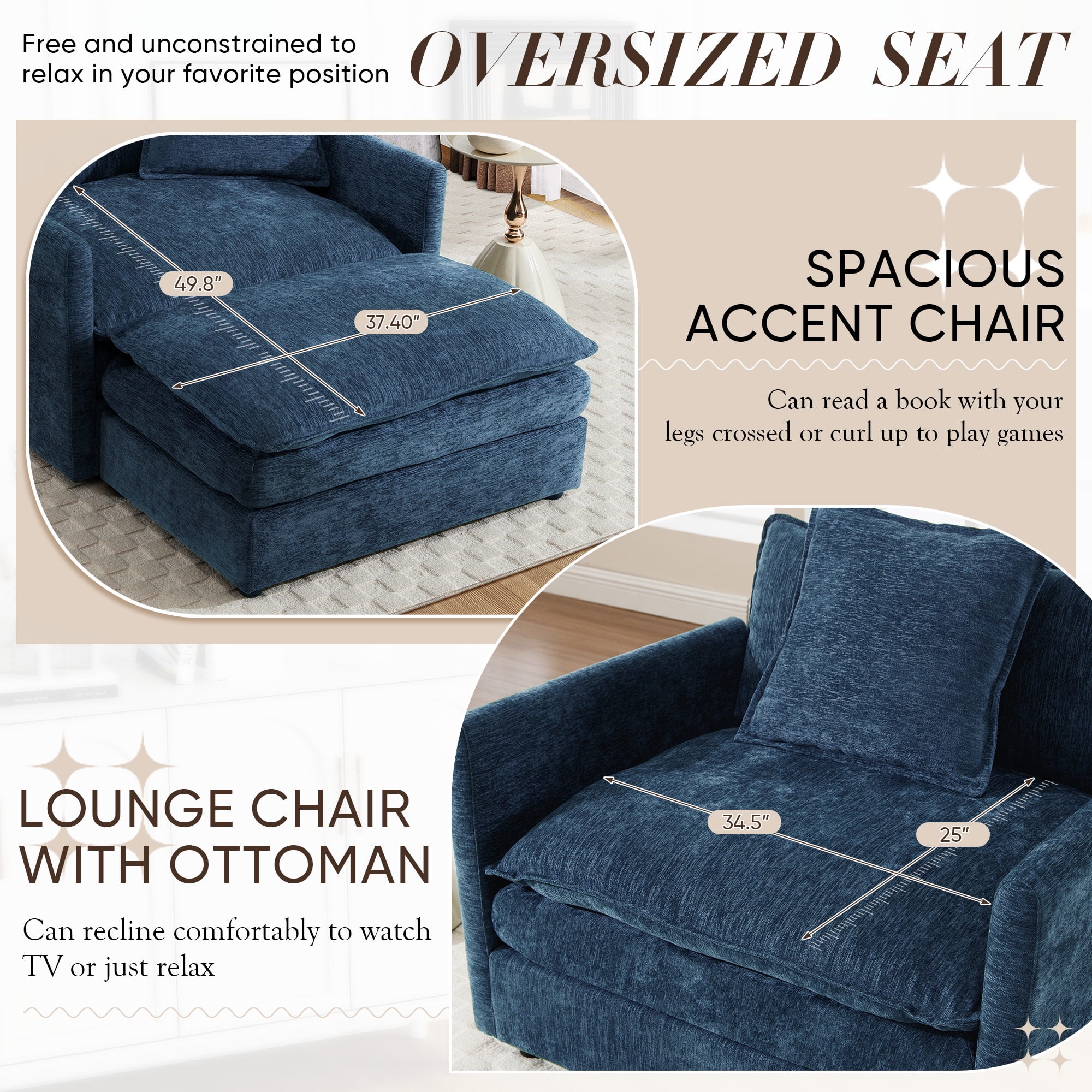 Lunale Oversized Chair with Ottoman, Reading Accent Armchairs for Living Room, Bedroom, Blue Chenille