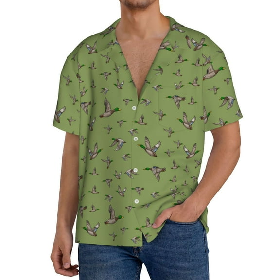 Gukieu Mallard Duck Print Men's Short-sleeved Shirts, Button-down Pocket Shirts, T-shirts, Beach Vacation Travel Summer Clothing-Small
