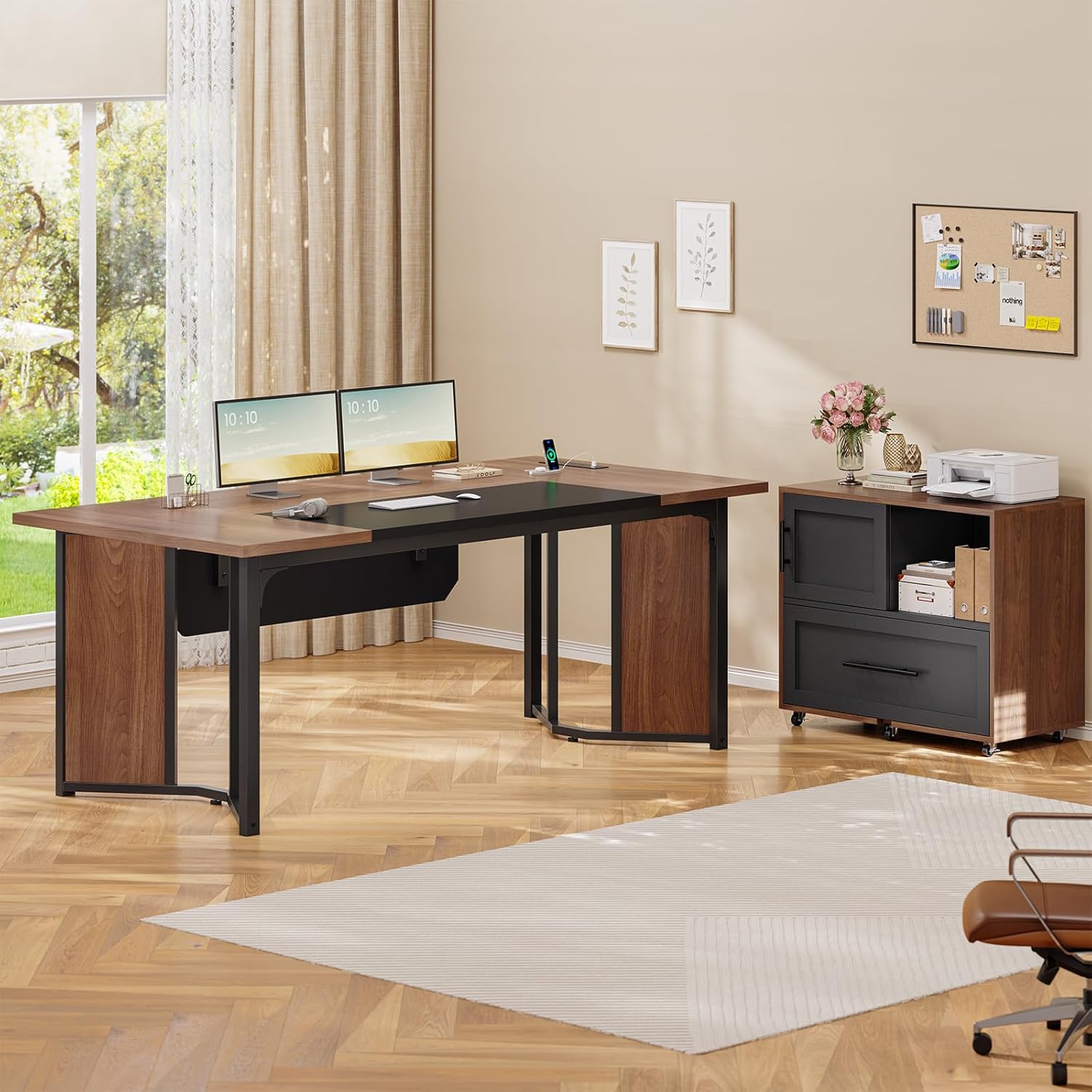 63" L Shaped Executive Desk with Mobile File Cabinet, Modern Corner Computer Desk with Power Outlets, Desk Business Workstation Set, Walnut