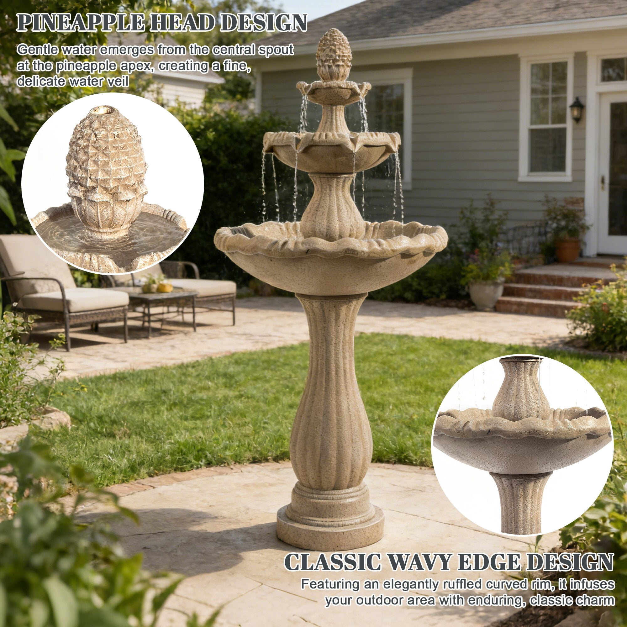 Kaluomm 48" 3-Tiers Outdoor Water Fountain, Italian Pineapple Large Cascading Waterfall Fountains, Weather-Resistant Resin Freestanding Fountain Features for Garden Patio Backyard, Beige