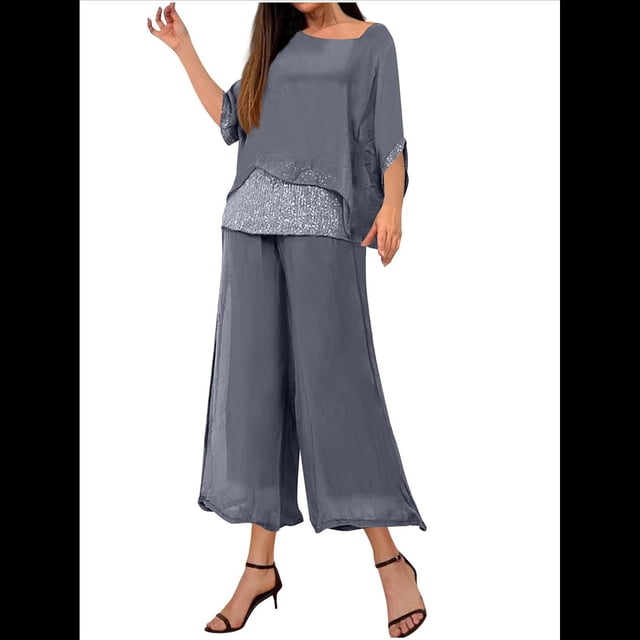 Conjunto de 2 Piezas para Mujer, Top Brillante, Pantalones Anchos, Traje Informal de Cuello Redondo con Lentejuelas. Gris M