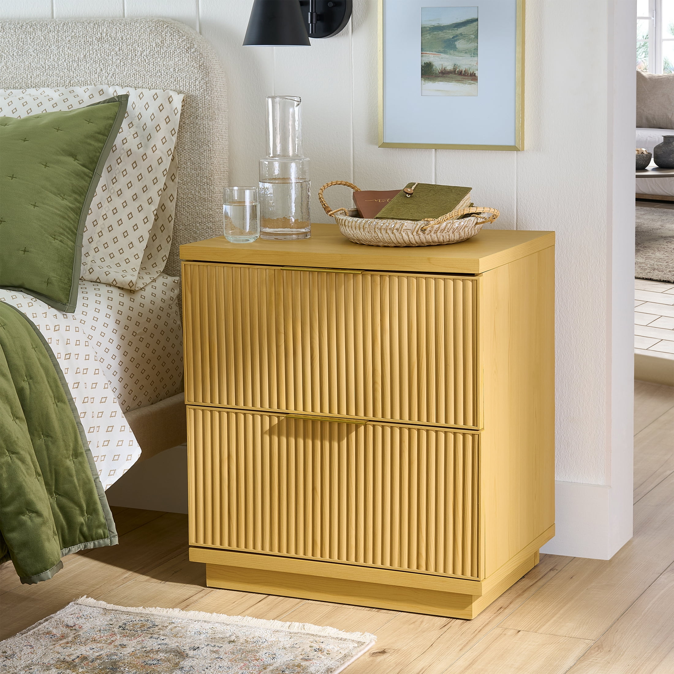 (2 pack) Better Homes & Gardens Lillian Fluted 2-Drawer Nightstand with USB, Natural Pine