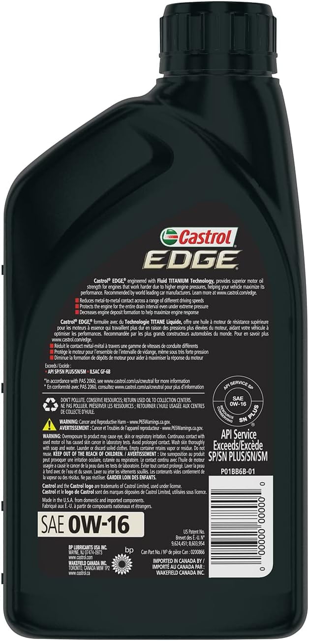 Castrol Edge 0W-16 Advanced Full Synthetic Motor Oil, 1 Quart, Case of 6