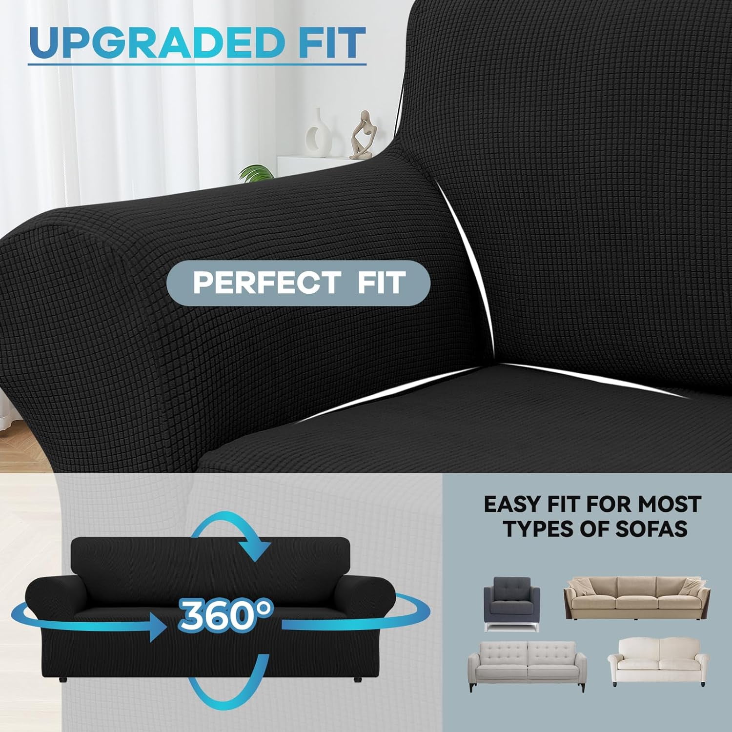 Stretch Sofa Slipcovers Couch Covers for 3 Cushion Couch Sofa Pet Friendly Non Slip Sofa Cover Washable Furniture Protector with Elastic Bottom (Large, Black)