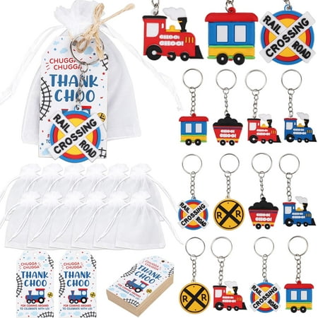 Train Theme Party Favors, 36Pcs Transportation Train Birthday Baby Shower Party Favors with Train Keychains Thank Choo Chugga Chugga Tags White Organza Bags for Train Railroad Theme Party Supplies