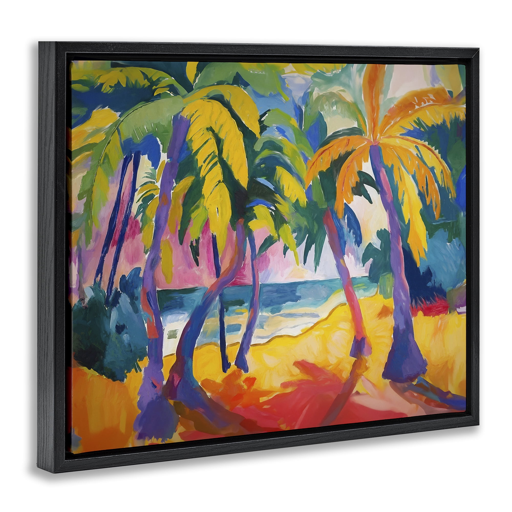 Stupell Industries Tropical Palm Paradise Coastal Painting Black Floater Framed Canvas Art Print Wall Art, 21 x 17