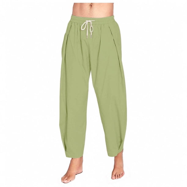 Pantalones largos para hombre, color liso, holgados, informales, con bolsillo, de lino, cintura elástica y cordón ajustable, de poliéster.