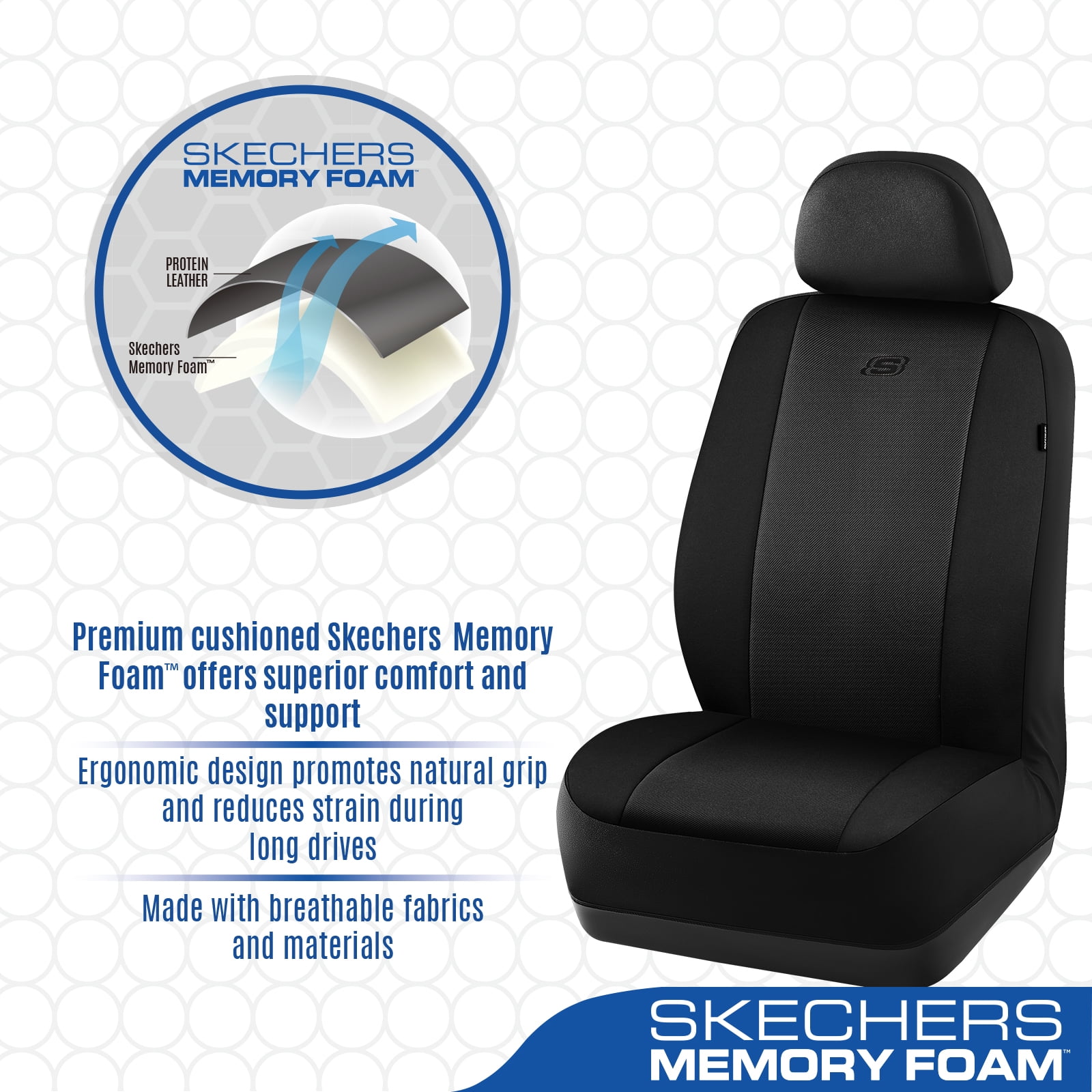 Skechers Memory Foam Fabric Car Seat Cover, Breathable, Comfortable Support, Easy Install, Stylish Design, Universal Fit for Cars and SUVs Black