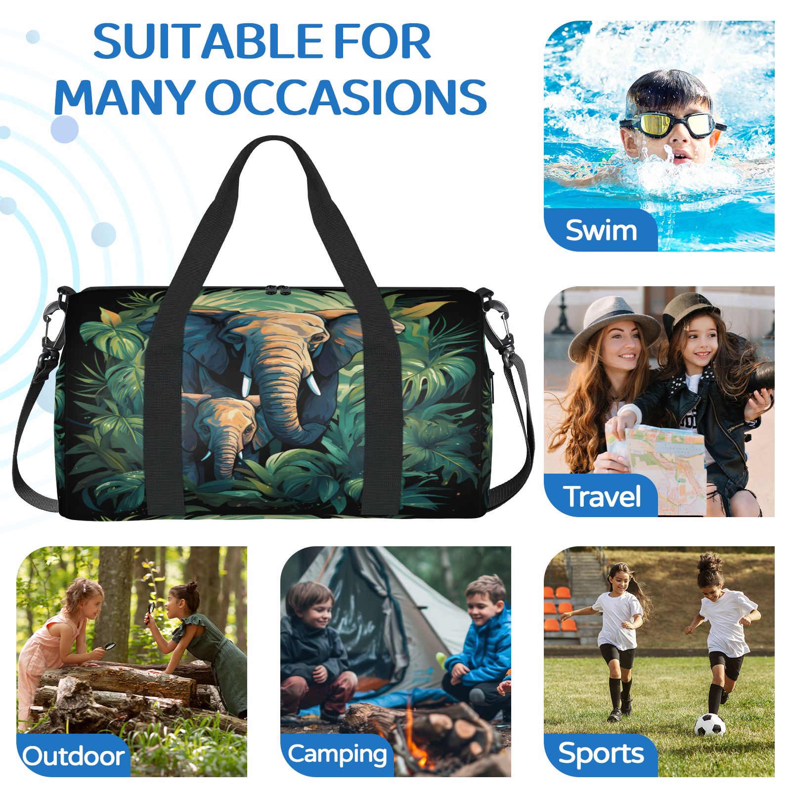 Herdesigns Jungle Elephant Gym Bag for Women, Duffle Bag for Travel Sport, Lightweight Waterproof Carry on Weekender Overnight Dance Yoga Workout Bags