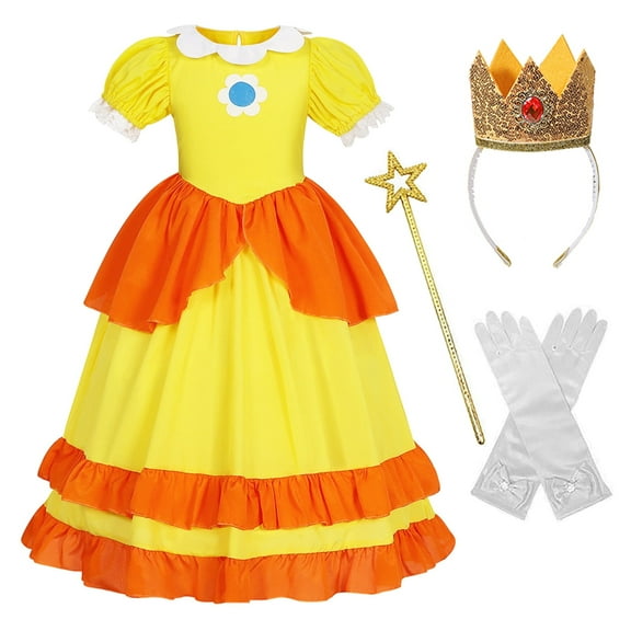 Girls Princess Daisy Costume Set, Kids Halloween Fancy Dress Crown Headband Gloves Wand Suit 3-12Years