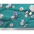 thumbnail image 1 of Soimoi Green Cotton Duck Fabric Peach Floral & American Robin Bird Decor Fabric Printed BTY 58 Inch Wide, 1 of 3