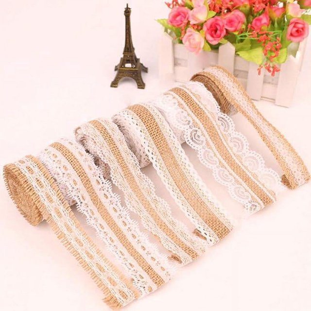 Cinta de yute con encaje de 6 x 2 m, cinta de arpillera natural vintage, cinta de arpillera natural con encaje blanco, decoración de boda de bricolaje, envoltura de regalos, manualidades de decoraci