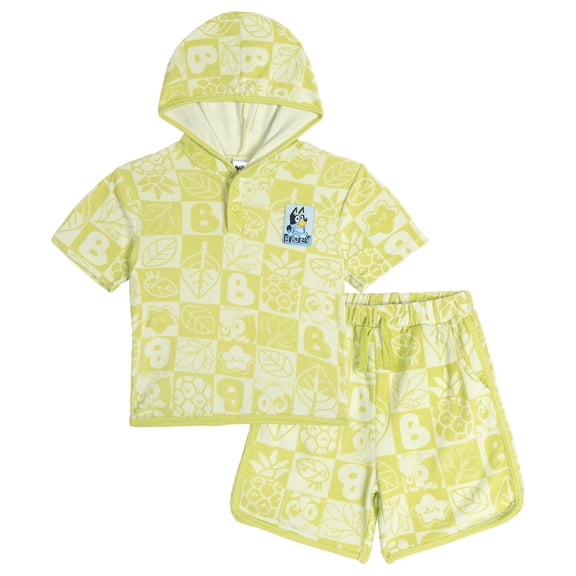 Bluey Little Kids' Boy or Girl Loungewear 2-Piece Hooded Tee and Shorts Set Green Checker