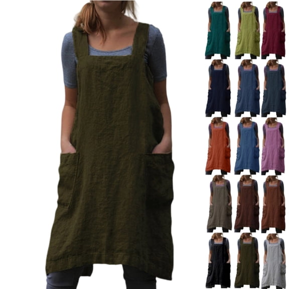 2026 Cotton Linen Apron Cross Back Apron for Women with Big Pockets Square Pinafore Dress for Baking Cooking,Army Green L