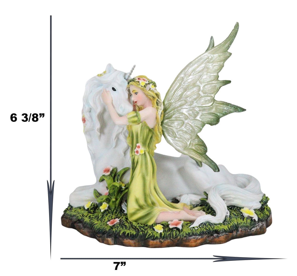 Green Earth Gaia Fairy With Rare Floral White Unicorn Statue Decor Figurine 7"L