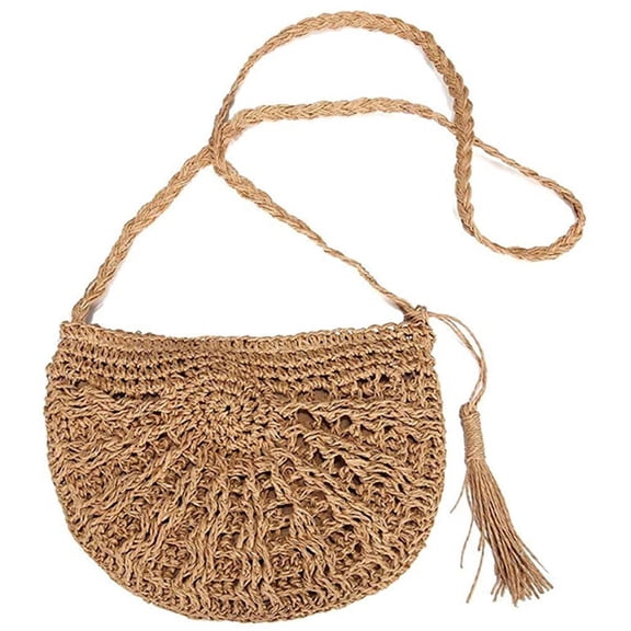 Round Straw Bag Handwoven Natural Summer Beach Shoulder Bag Rattan Crossbody Purse for Women