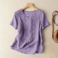 thumbnail image 4 of Camisa de Lino de Manga Corta para Mujer, Playera Casual Ligera de Algodón y Lino con Bordado Floral, Tops Transpirables de Verano para Uso Diario Oficina y Vacaciones, Morados L, 4 of 9