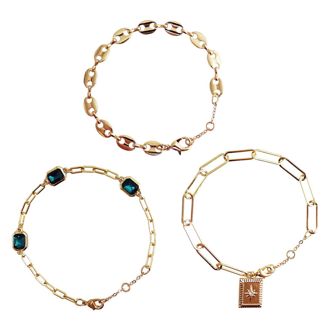 Seren Jewelry Gold Chains Layering Bracelets for Women, Set of 3 Gold-Tone Fashion Bracelets with Green Accents, 3 Pieces