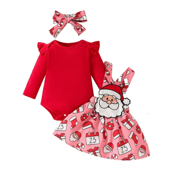 Odeerbi Baby Girls Outfits Christmas Santa Claus Jumpsuit Cotton Romper Suspender Skirt Set Solid Color Long Sleeve Knitting Bodysuit Baby Crawling Suit Headband Set Infant Clothes Red