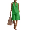thumbnail image 2 of Women's 2 Piece Short Sets Linen Sleeve V Neck Halter Matching Short Suit Summer Casual Oversized Outfits, 2 of 6