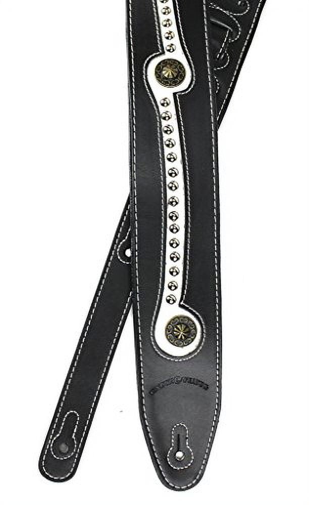 Walker & Williams Black & White Top Grain Leather Guitar Strap with Chrome and Brass Metal Studs