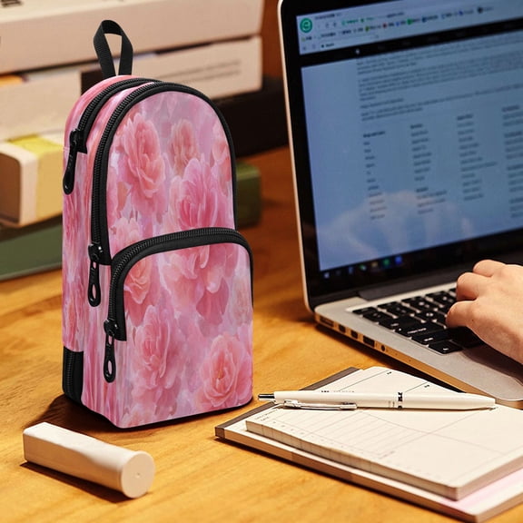 Backpack Pencil Case, 3 Compartment Large Capacity Oxford Fabric Pencil Pouch / Pale Pink Roses Pattern