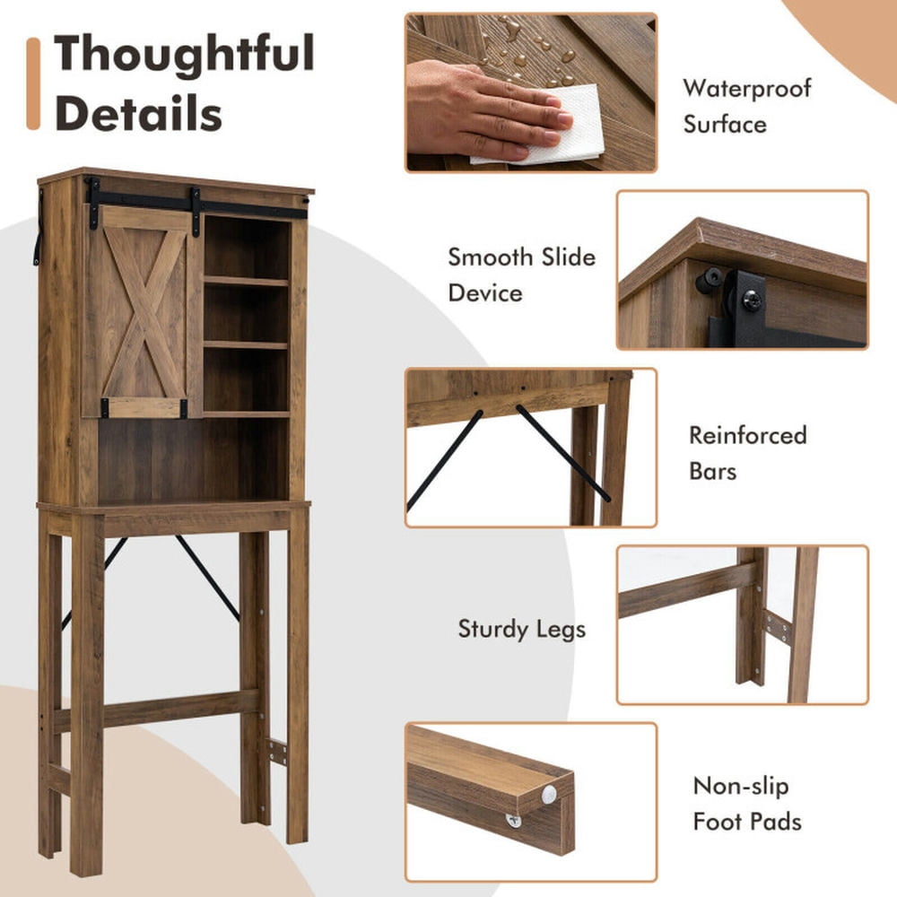 Finihen Toilet Storage Cabinet, Bathroom Cabinet Organizer, Wooden Bathroom Storage Cabinet with Sliding Barn Door and 3-level Adjustable Shelves, for Bathroom, Rustic Brown
