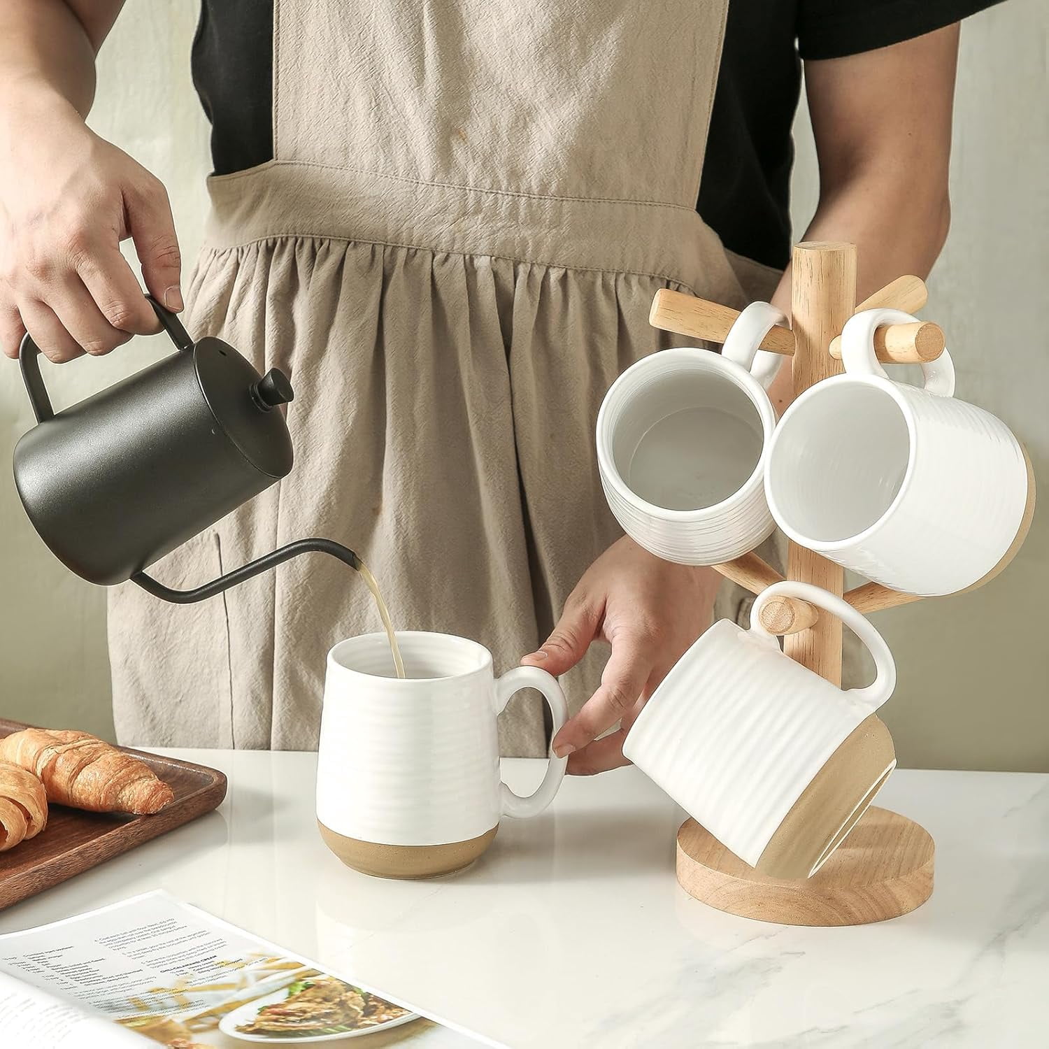 Hasense Ceramic Coffee Mugs Set - 15 OZ Porcelain Coffee Latte Cups Set of 4 with Handle Perfect for Cappuccino, Tea, Mocha, Hot or Cold Drinks, Unique Glaze Design for Gift, White