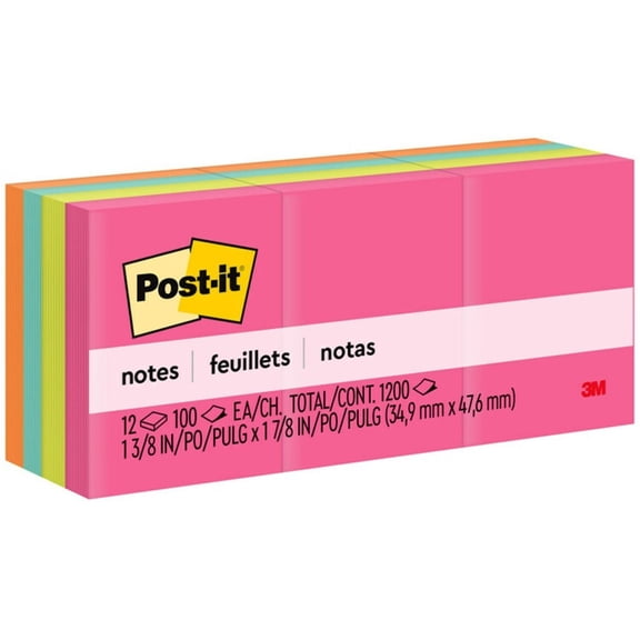 Post-it Notes, 1 3/8 in. x 1 7/8 in., Poptimistic, 12 Pads