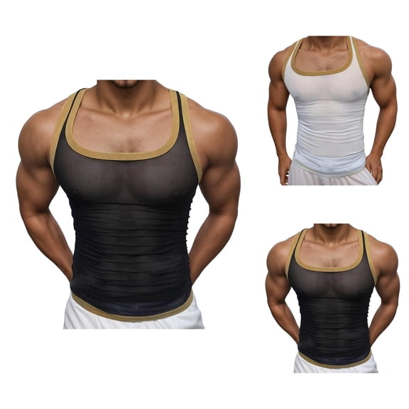 Workout Tank Tops Men Lightweight Breathable Square Neck Semi Sheer Slim Fit Muscle Sleeveless Shirt Athletic Gym Tanks