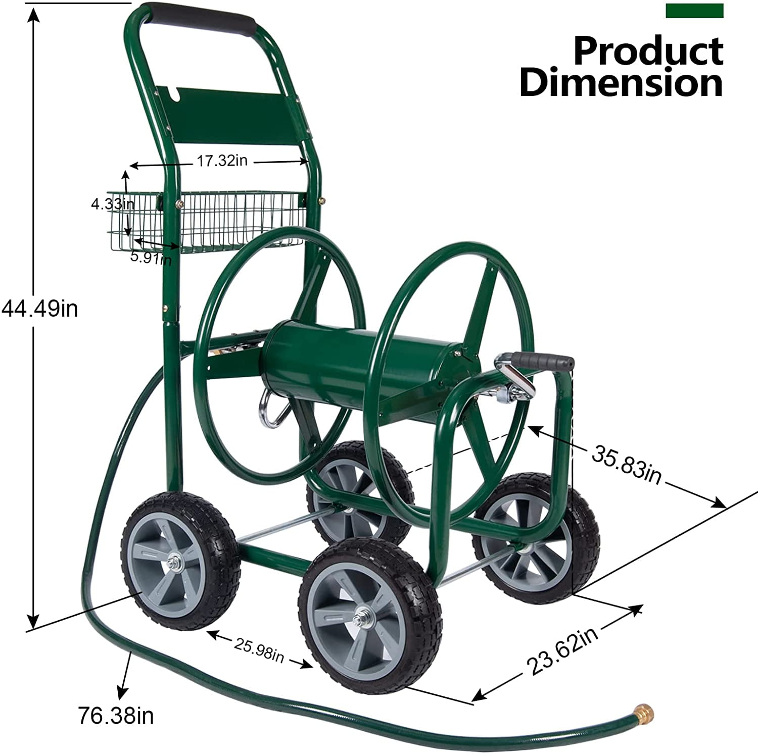 4-Wheel Industrial Hose Reel Cart with No-Flat Wheels, 400Ft Hose