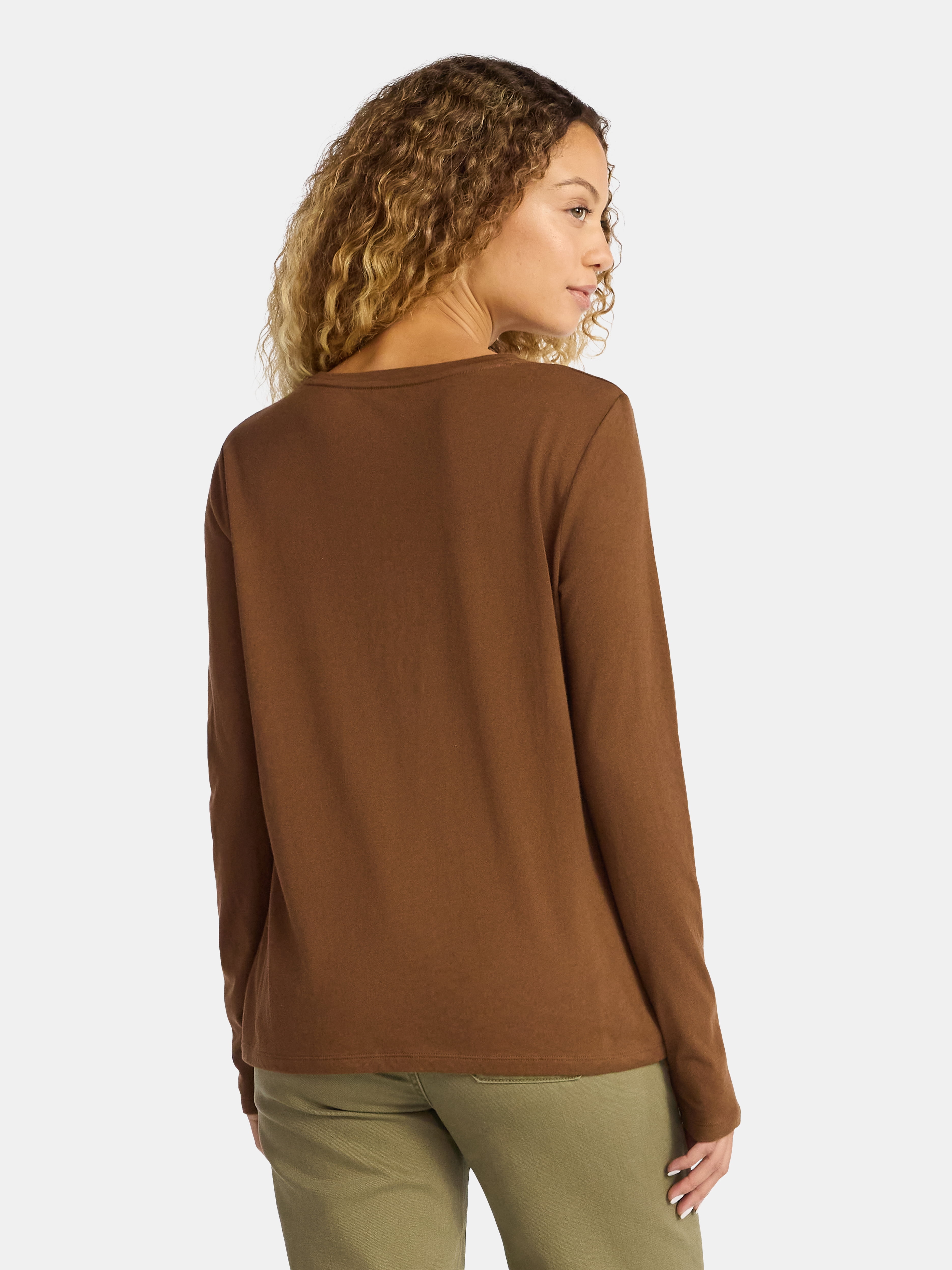 Time and Tru Women's Cotton Crewneck Tee with Long Sleeves, Sizes XS-XXXL