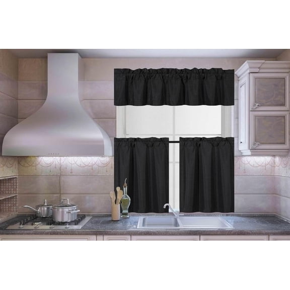 3PC Kitchen Tier Set Short Window Panel Dressing Rod Pocket Small Foam Lined Blackout Curtain 24" l (K4) (Black)