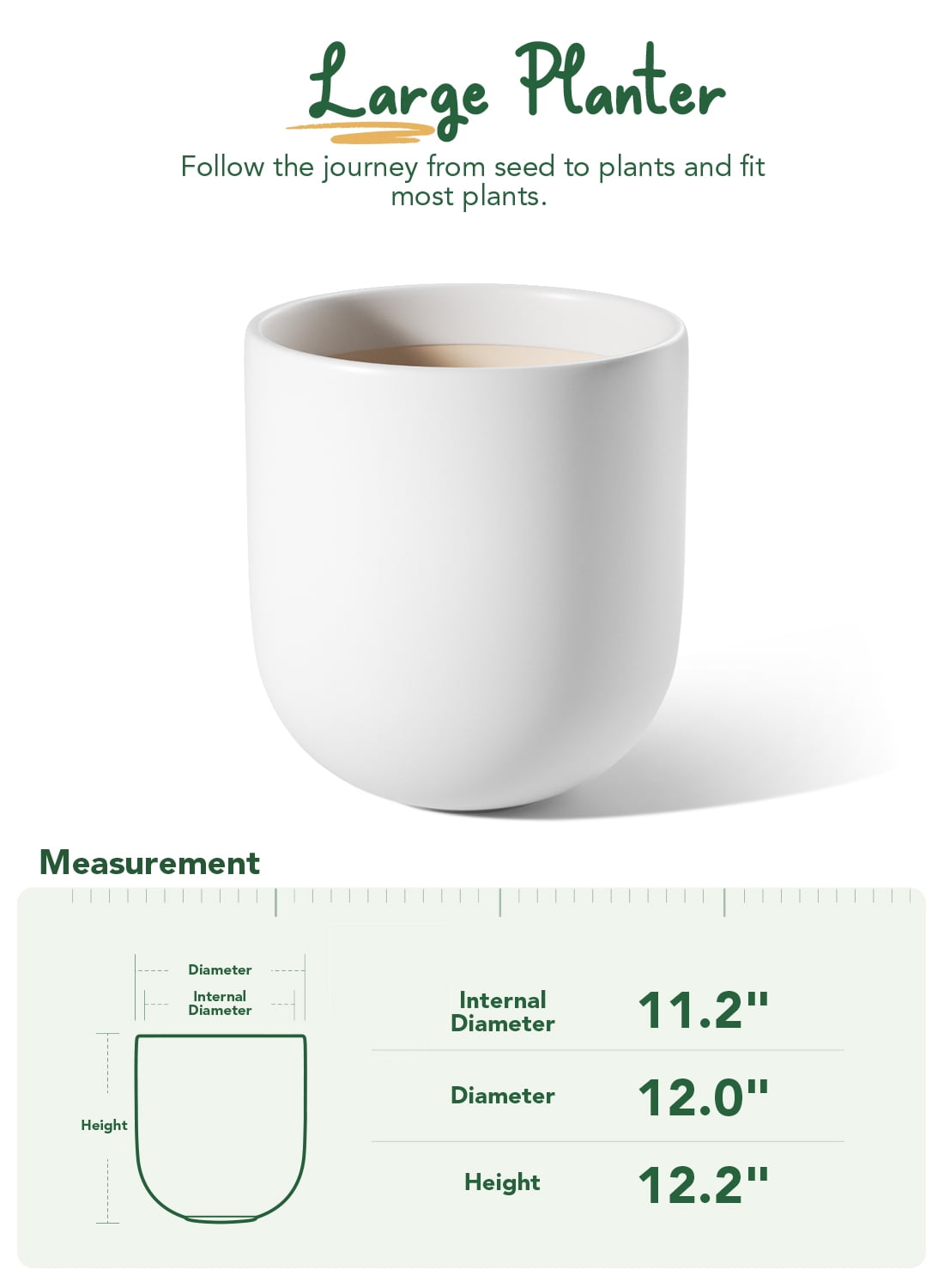 BEMAY 12 Inch Ceramic Plant Pot, Large Indoor Outdoor Planter with Drainage Hole and Silicone Plug, White Flower Pot for Houseplants, Patio and Garden