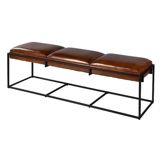 Beaumont Lane Transitional 62"W Leather and Iron Accent Bench in Brown