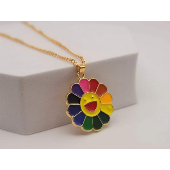 Aesthetic Handmade Smiley rainbow flower Necklace Cute Trendy