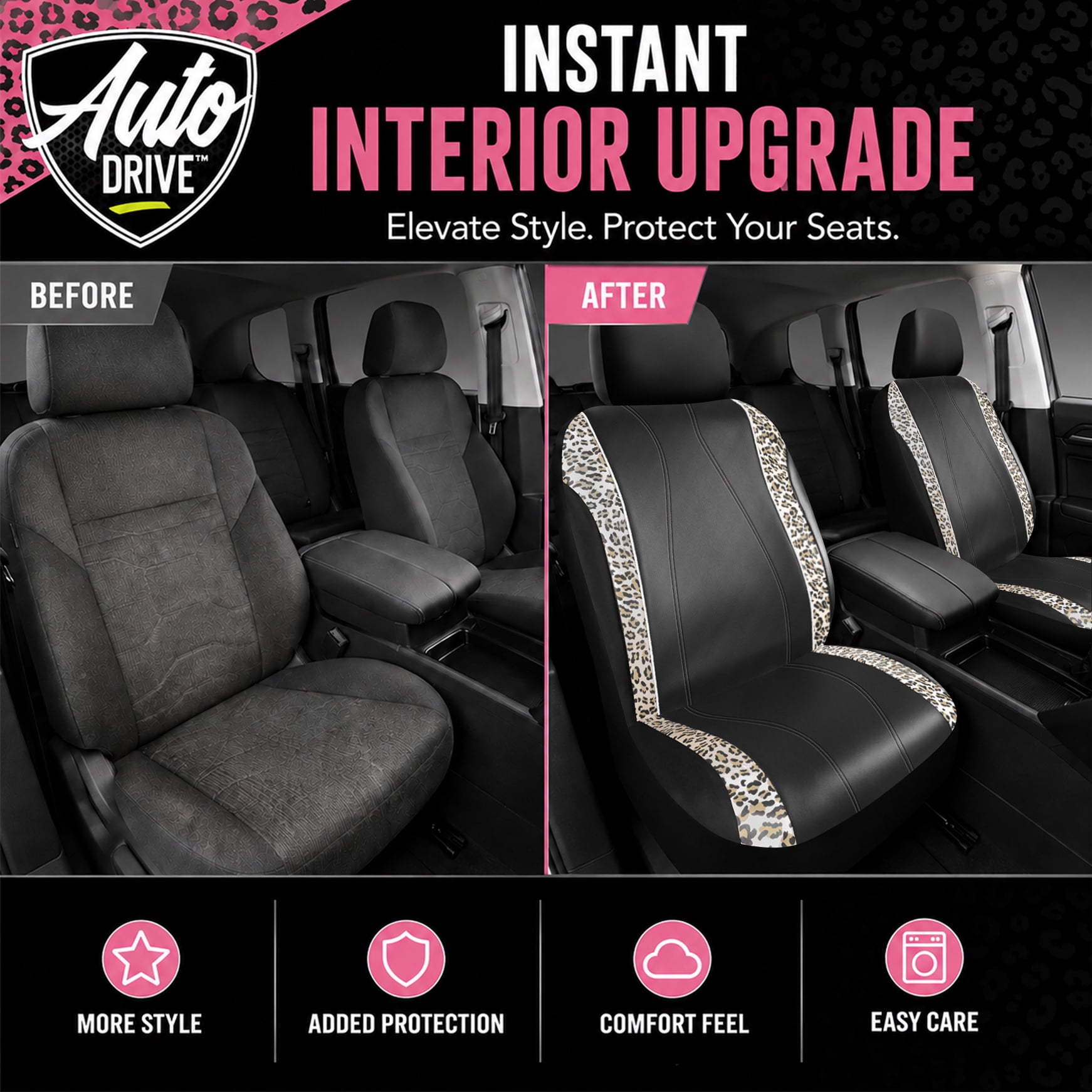 Auto Drive Car Seat Covers , Fashion Seat Covers,Leopard Print & Rhinestone Trim Front Seat Covers, Universal Fit, Airbag Compatible for Cars, SUVs and Trucks,Brown