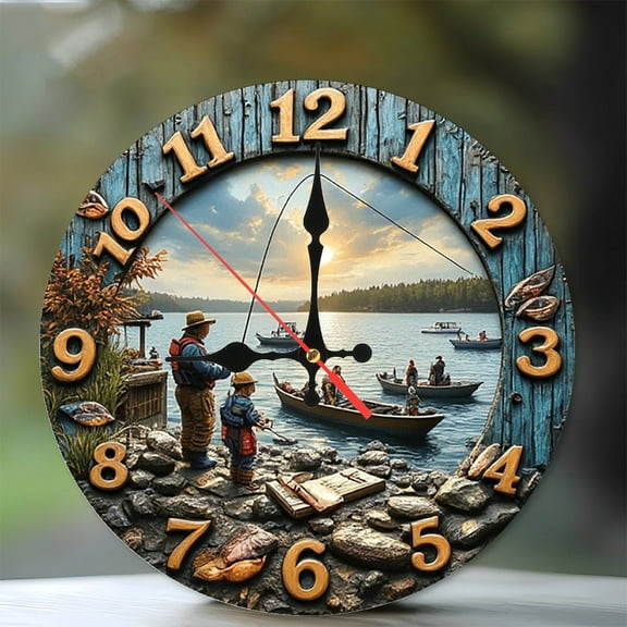Sunset Fishing Scene Wall Clock Home Decor 10-Inch Silent Wooden Wall Clock, Battery Operated (AA Batteries Not Included), Artistic Home Decor