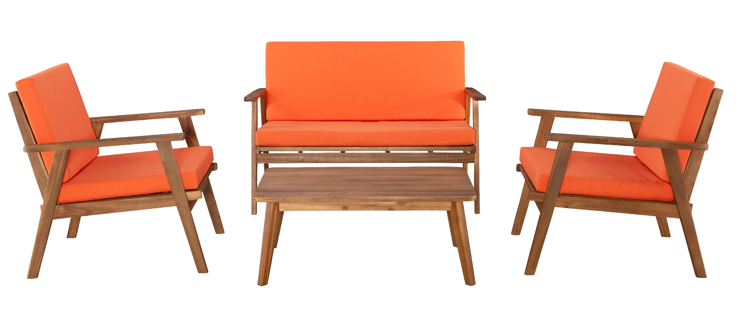 Linon Lathan 4-Piece Acacia Outdoor Conversation Set with Coffee Table, Loveseat & Chairs, Acorn/Orange
