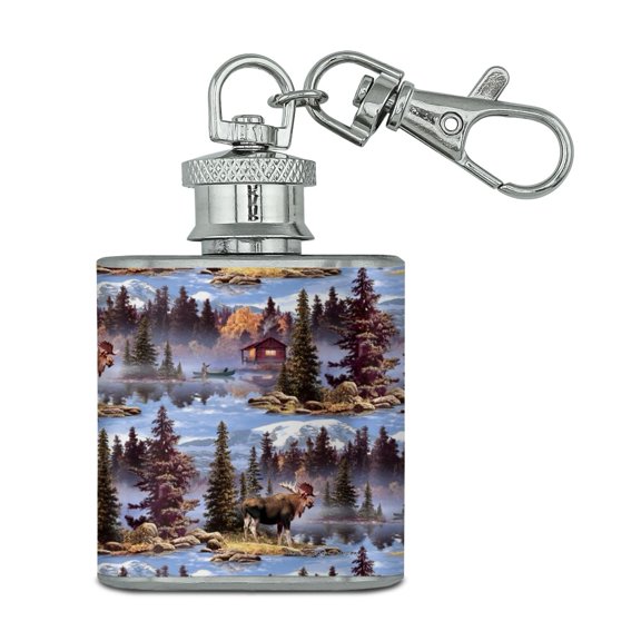 Moose Cabin Forest Woods Canoe Pattern Stainless Steel 1oz Mini Flask Key Chain