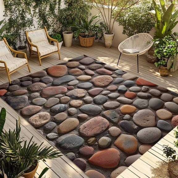 Colorful Stones Outdoor Rug for Patio/Deck/Porch, Non-Slip Large Area Rug 5 x 7 Ft, Modern Art Farmhouse Stones Indoor Outdoor Rugs Washable Area Rugs, Reversible Camping Rug Carpet Runner