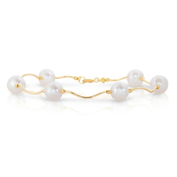 Tilo Jewelry 14K Yellow Gold 8.5-9mm Freshwater Pearl Station Beaded Bracelet | 7 Inch | Women & Girls