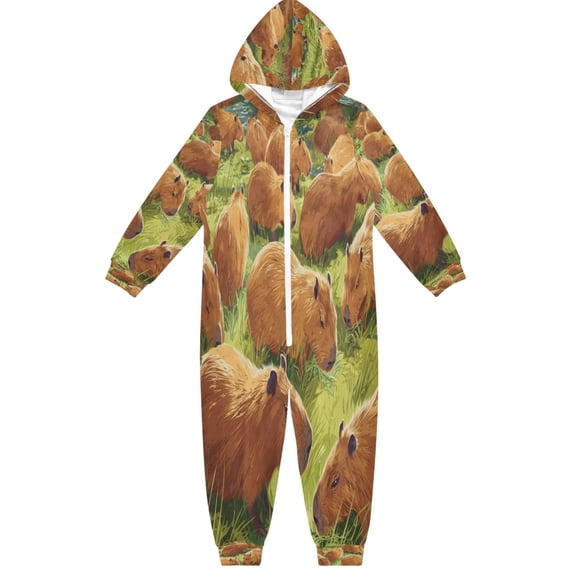 Vzayyk 4T-14Y Size Aviliable Cozy One-Piece Footless Sleeper Pajama Capybaras Are Eating Grass on The Farm