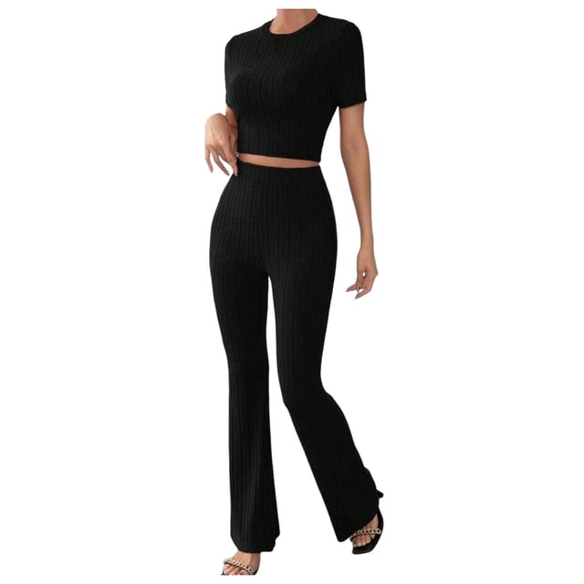 2025 Women's Two Piece Knit Matching Outfits High Neck Slim Fit Tops And Flared Trousers Tracksuit Sets