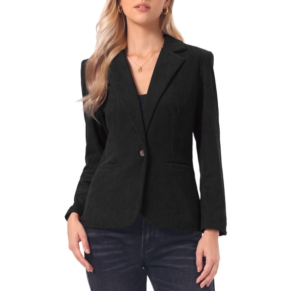 INSPIRE CHIC Corduroy Blazer for Women's Notched Lapel Long Sleeve Casual One Button Jacket with Pockets XS Black