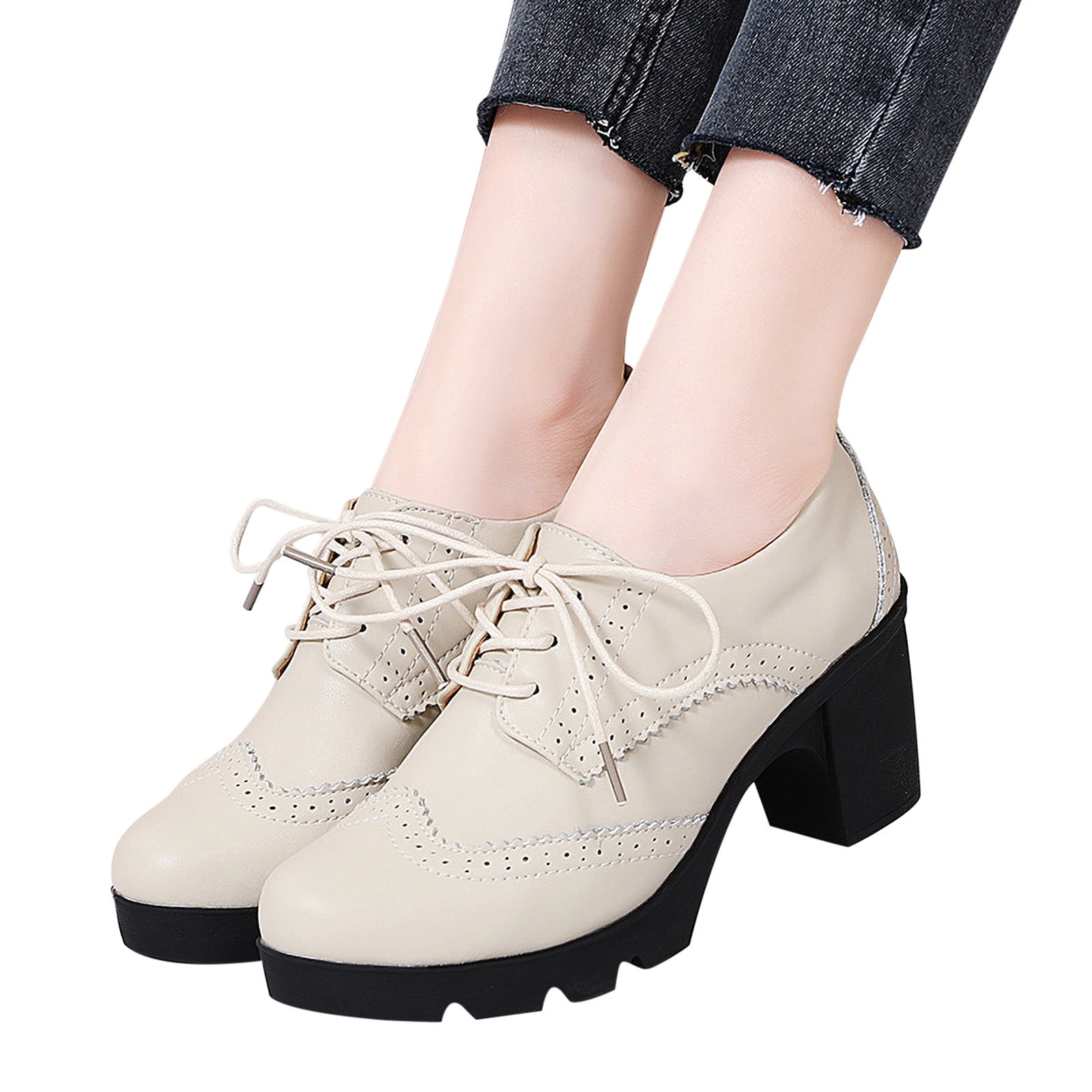 Wolfast Oversized Cowhide Soled Leather Sports British Style Block Shoes High Heels Solid Color Hollowed Out Lace Cut Mary Women s Shoes Beige 35 Walmart