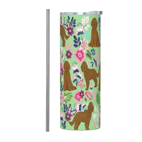 20oz Brown Doodle Dog Tumbler with Handle and Straw Floral Puppy Stainless Steel Insulated Travel Coffee Cup Gift with Stainless Steel Straw