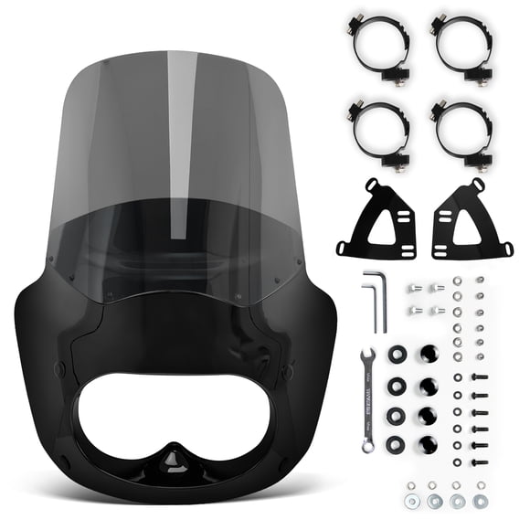 Krator 11" Motorcycle Fairing with Windshield, Compatible with Harley Dyna Fat Bob FXDF 2008-2017, Gloss Black ABS Headlight Fairing, Windscreen for Wind Protection, Mounting Kit included, Light Smoke